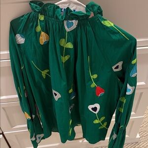 Cynthia Rowley Green Blouse with Colorful Embroidery